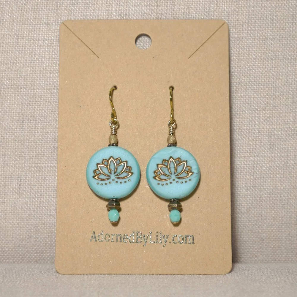 Hand Crafted Handmade Earrings Turquoise & Bronze Lotus Bead Earrings - Picture 2 of 4